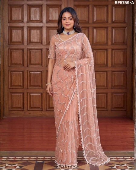Elegant Net Saree with Beads, Sequins & Pearl Embroidery – Premium Party Wear!