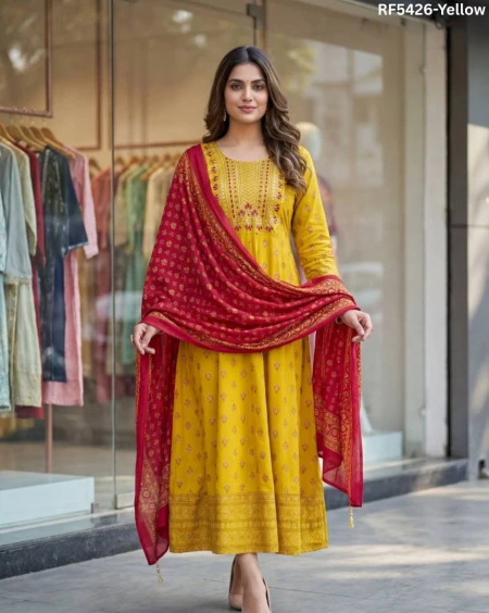 Heavy Rayon Embroidered Printed Gown Set with Chanderi Dupatta Latkans Festive Wear for Women!