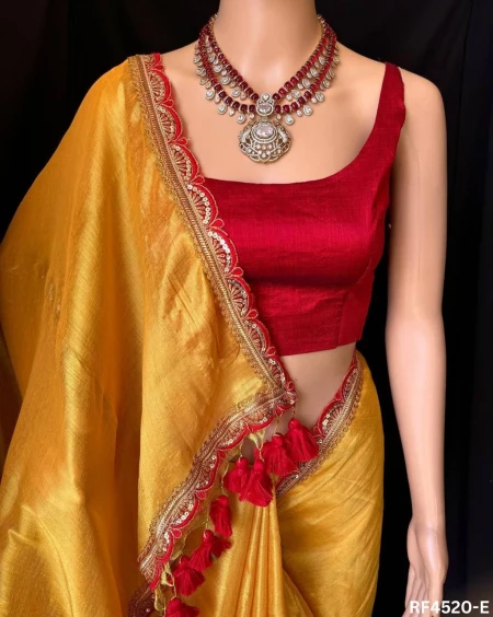 Cotton Mul Mul Tissue Silk Saree with Raw Silk Blouse & Fancy Lace Border