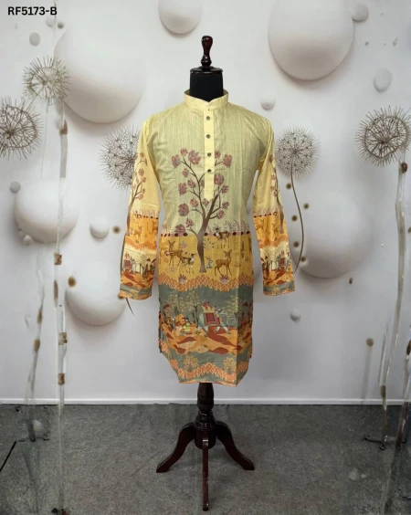 Stylish Cotton Kurta Set with Digital Print & Band Collar Design!