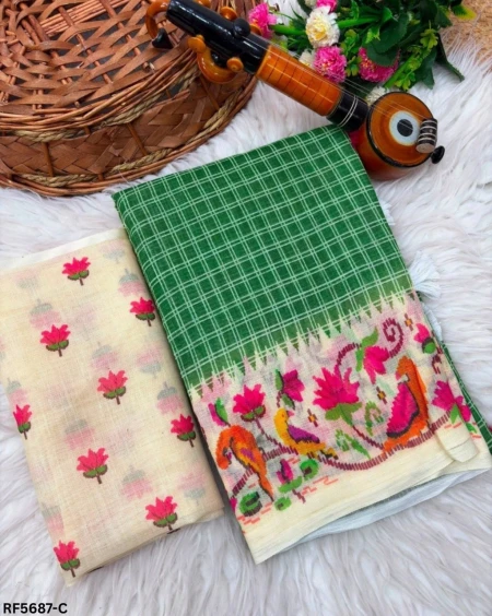 Elegant Linen Cotton Digital Print Saree with Unstitched Blouse!