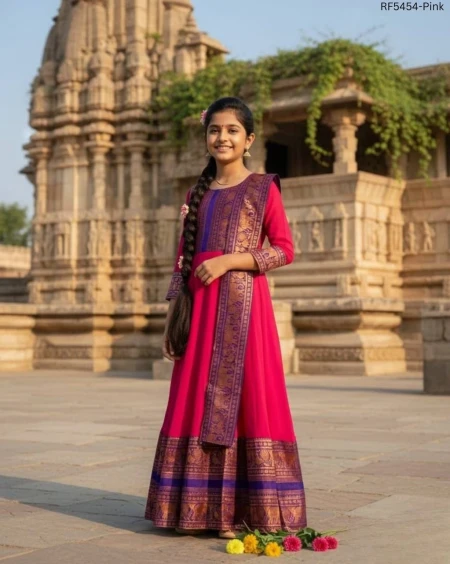 Vichitra Silk Gown with Zari Border and Soft Net Dupatta!