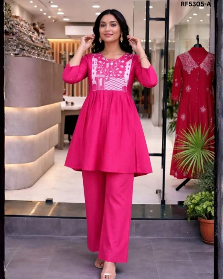 Elegant Premium Tesla Cotton Embroidered Co-Ord Set with Matching Palazzo!