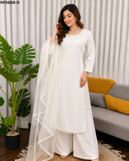 Natural Crepe Embroidered Straight Cut Kurti Set with Organza Dupatta!