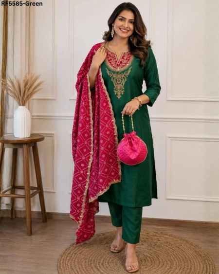 Slub Cotton Embroidered Kurti Set with Micro Dupatta!