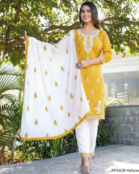 Rayon Cotton Embroidered Kurti Pant Set with Viscose Rayon Dupatta Festive Wear for Women!