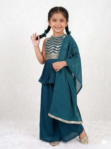 Crepe Sequence Embroidered Palazzo Set with Dupatta kids wear!