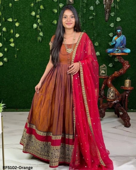 Elegant Vichitra Silk Gown with Embroidered Lace Border!