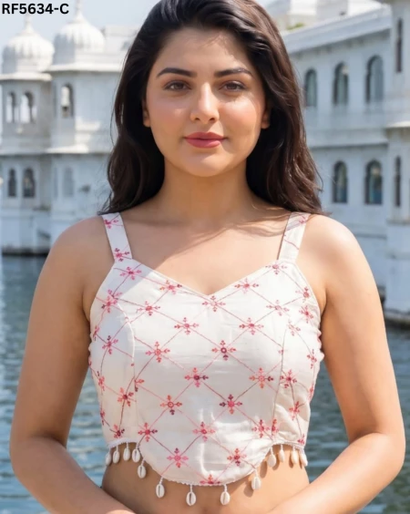 Cotton Embroidered Readymade Padded Blouse with V Neck!