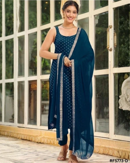 Slub Cotton Foil Work Kurti Pant Set With Dupatta!