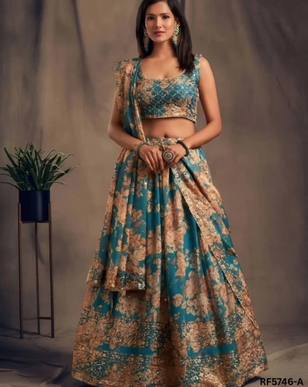 Elegant Tabby Organza Lehenga with Sequins Zari Embroidery & Printed Dupatta
