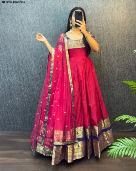 Elegant Narayanpet Silk Gown with Sequin Net Dupatta!