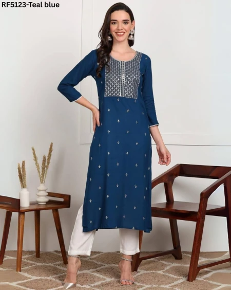 Modern Rayon Kurti With Embroidery Work – Perfect for Casual & Festive Wear!