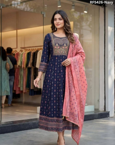 Heavy Rayon Embroidered Printed Gown Set with Chanderi Dupatta Latkans Festive Wear for Women!