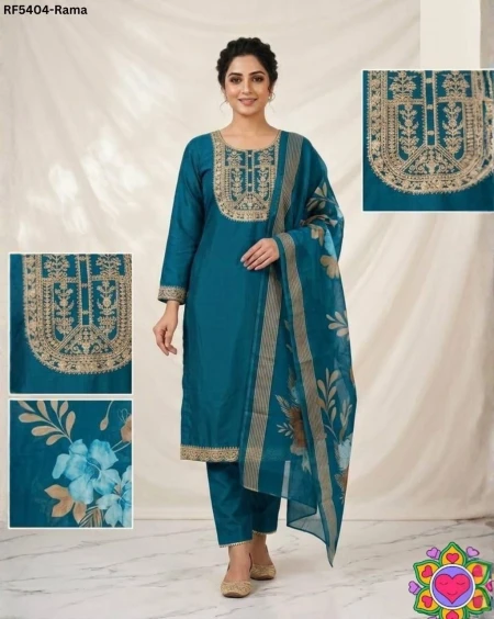 Slub Cotton Embroidered Kurti Pant Set with Printed Dupatta Ethnic Festive Wear for Women!