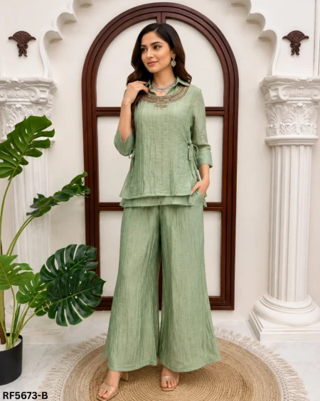 Salsa Crushed Handwork Co-ord Set with Shirt, Shrug & Pant Elegant Party Wear!