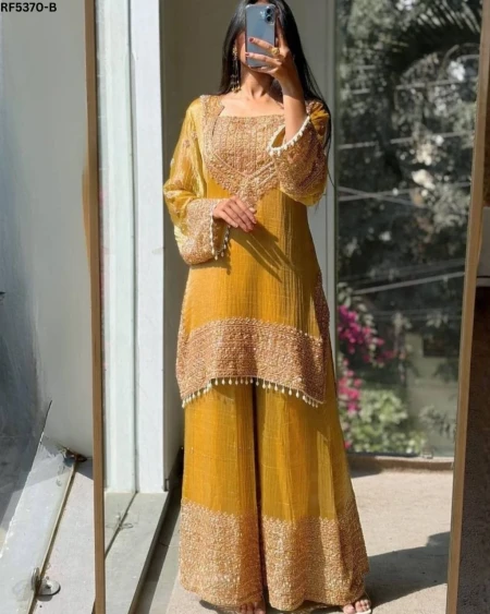 Elegant Fendy Silk Kurti Sharara Set with Sequin Embroidery & Lace Border!