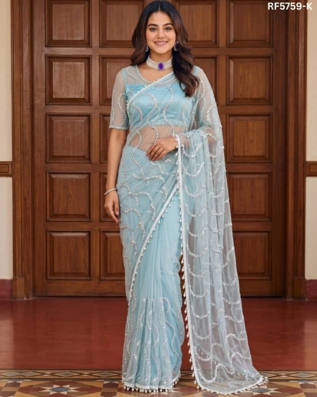 Elegant Net Saree with Beads, Sequins & Pearl Embroidery – Premium Party Wear!