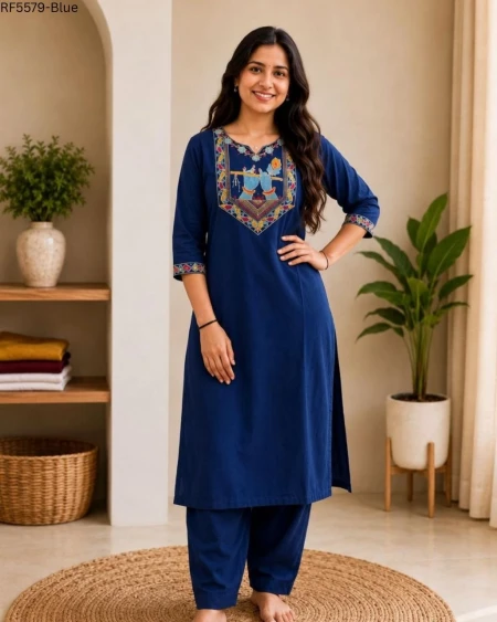 Slub Cotton Embroidered Kurti Pant Set!