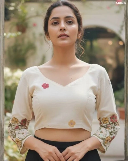 Stylish Cambric Cotton Embroidered Readymade Padded Blouse!