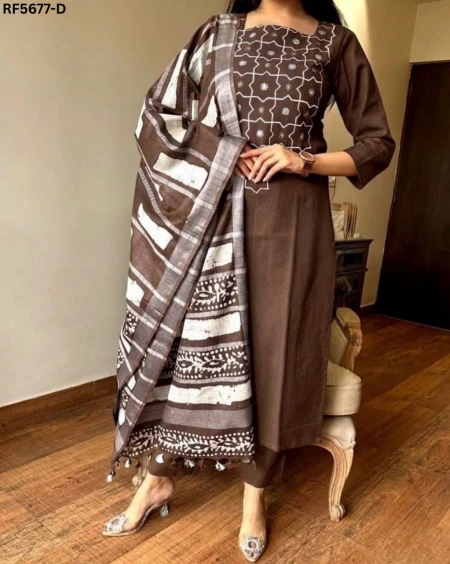 Cotton Slub Embroidered Straight Cut Kurti Set with Chanderi Dupatta