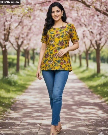 Heavy Rayon Short Kurti with Pleated Pattern & Embroidery Work!