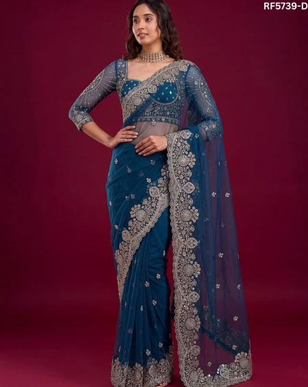 Elegant Net Saree with Sequins Embroidery & Matching Blouse – Party Wear