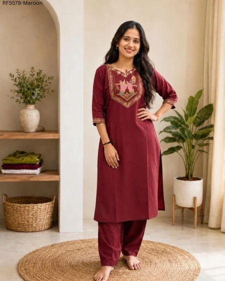 Slub Cotton Embroidered Kurti Pant Set!