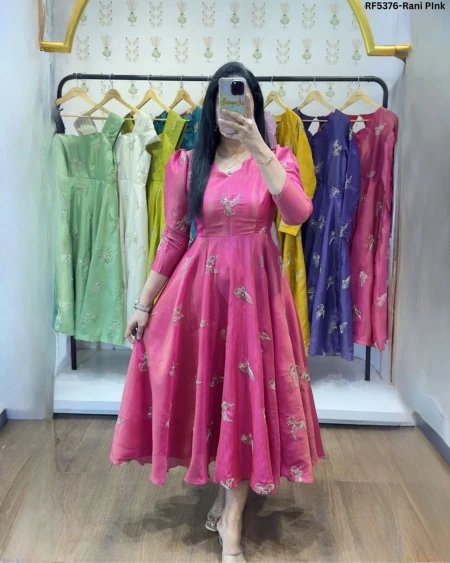 Elegant Soft Georgette Printed Gown with Full Lining & Flared Silhouette!