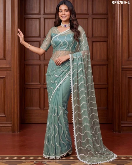 Elegant Net Saree with Beads, Sequins & Pearl Embroidery – Premium Party Wear!