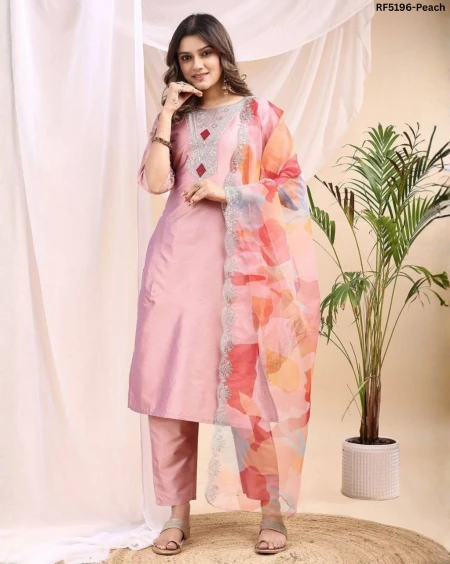 Elegant Taffeta Silk Kurti Set with Embroidered Kurta & Floral Organza Dupatta!