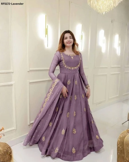 Elegant  Embroidered Faux Georgette Gown Set With Dupatta!