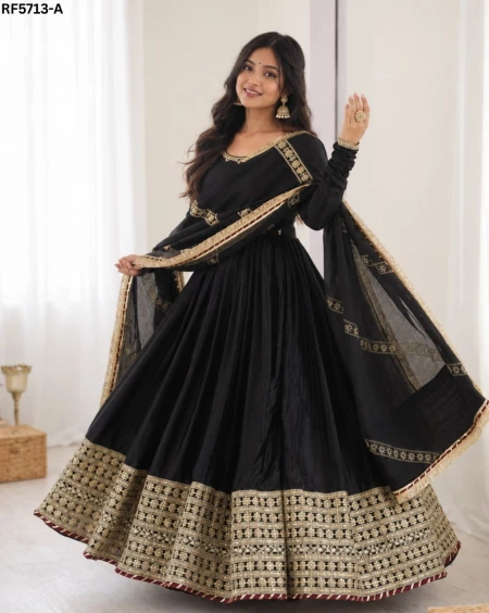 Chinon Thread & Sequins Embroidered Gown Set with Lace Border – Elegant Festive Wear