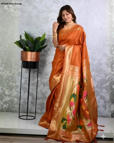 Elegant Paithani Silk Saree with Golden Zari & Meenakari Motifs!