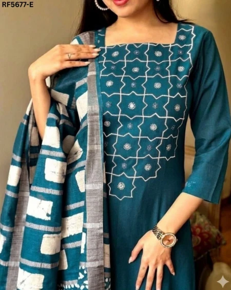 Cotton Slub Embroidered Straight Cut Kurti Set with Chanderi Dupatta