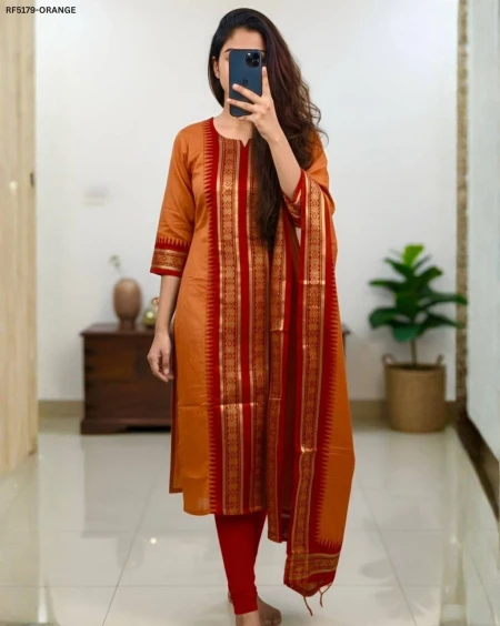 Premium Silk Cotton Kurti with Zari Kanchi Border & Contrast Zari Weaving Dupatta!