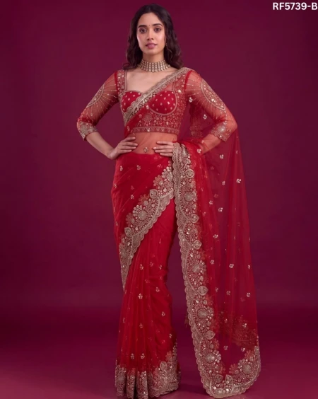 Elegant Net Saree with Sequins Embroidery & Matching Blouse – Party Wear