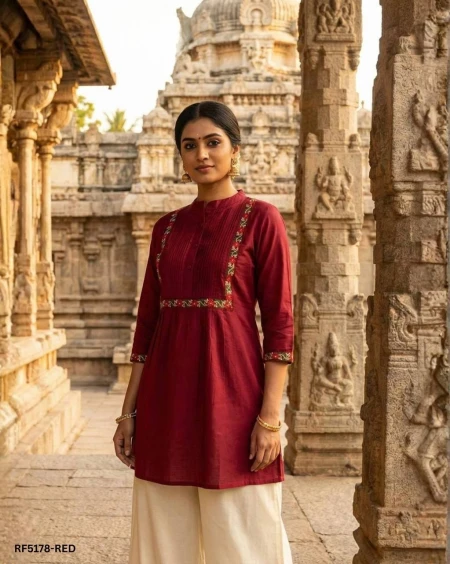 Heavy Rayon Short Kurti with Pleated Pattern & Embroidery Work!