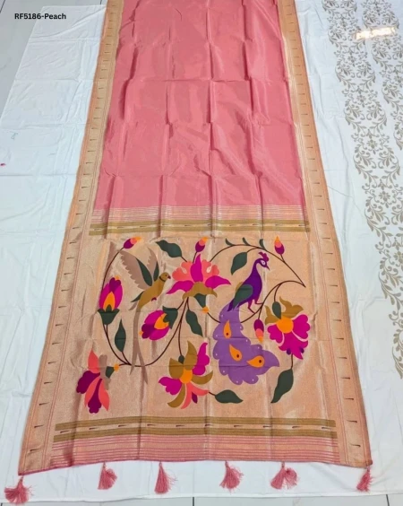 Elegant Paithani Silk Saree with Golden Zari & Meenakari Motifs!