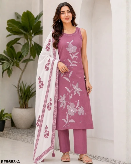 Heavy Rayon Slub Embroidered Kurti Set with Linen Digital Print Dupatta