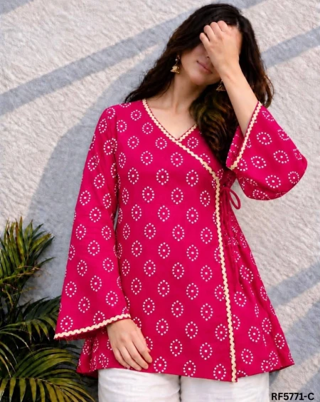 Heavy Rayon Bandhani Printed Wrap Tie-Up Top with Border Lace!