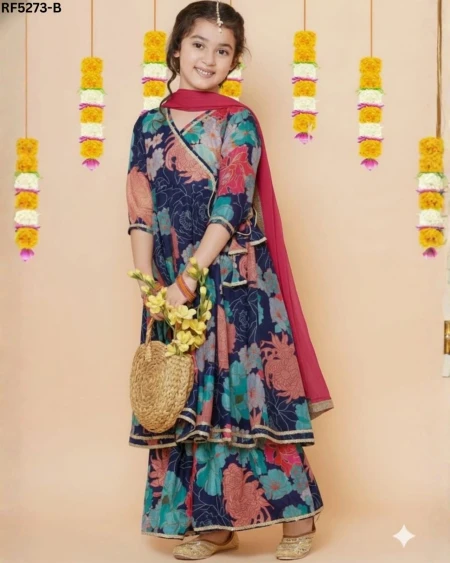 Adorable Chanderi Silk Kids Gown Set with Sharara & Dupatta!