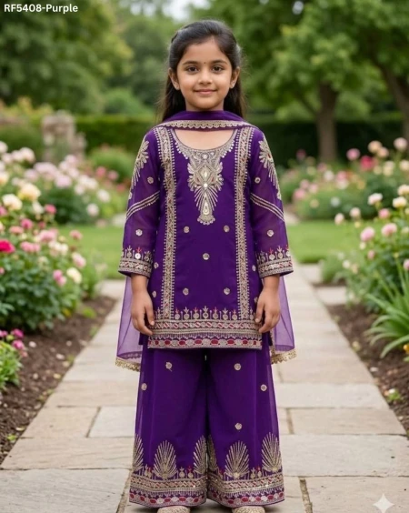 Georgette Embroidered Kurti Palazzo Set with Net Dupatta Lace Border Festive Wear for Women!