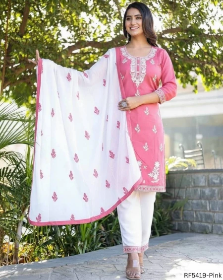 Rayon Cotton Embroidered Kurti Pant Set with Viscose Rayon Dupatta Festive Wear for Women!