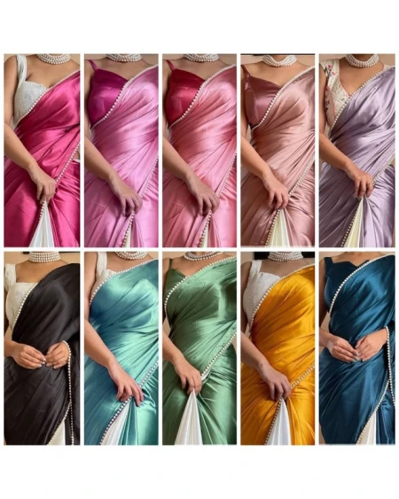 Reeta Fashion Striking Salmon Pink Heavy Satin Silk Lace Work Saree