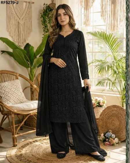 Elegant Faux Georgette Gown with Chikankari Embroidery & Dupatta!