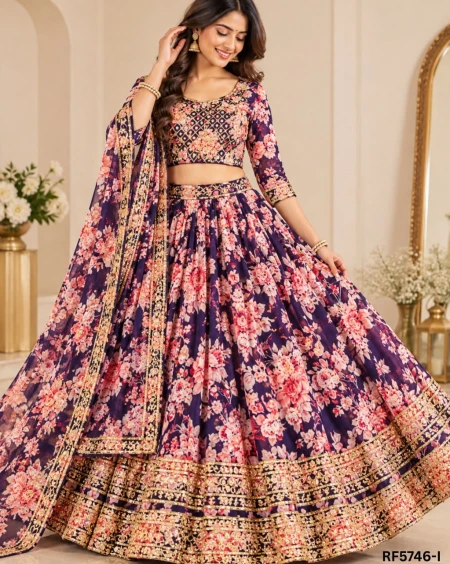 Elegant Tabby Organza Lehenga with Sequins Zari Embroidery & Printed Dupatta
