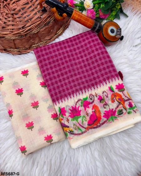Elegant Linen Cotton Digital Print Saree with Unstitched Blouse!