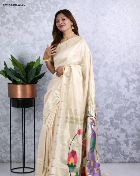 Elegant Paithani Silk Saree with Golden Zari & Meenakari Motifs!