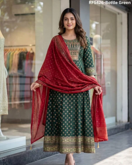 Heavy Rayon Embroidered Printed Gown Set with Chanderi Dupatta Latkans Festive Wear for Women!